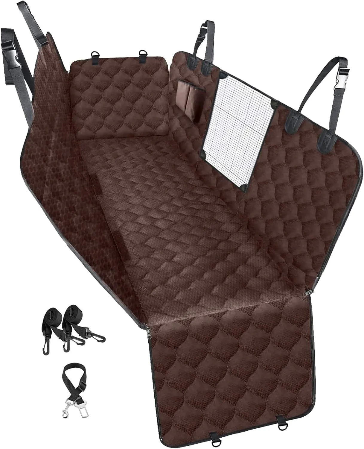 PETICON Dog Car Seat Cover with Mesh Window, 100% Waterproof Pet Seat Cover for Back Seat, Scratchproof Dog Hammock for Cars, Trucks, SUVs, Jeeps, Brown