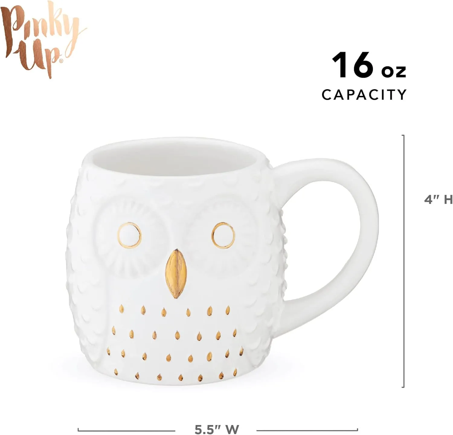 Pinky Up Olivia Owl Mug, Cute Mugs for Women, Tea Tumbler Cup, Tea Accessory Gifts, Owl Design, White and Gold, 16oz