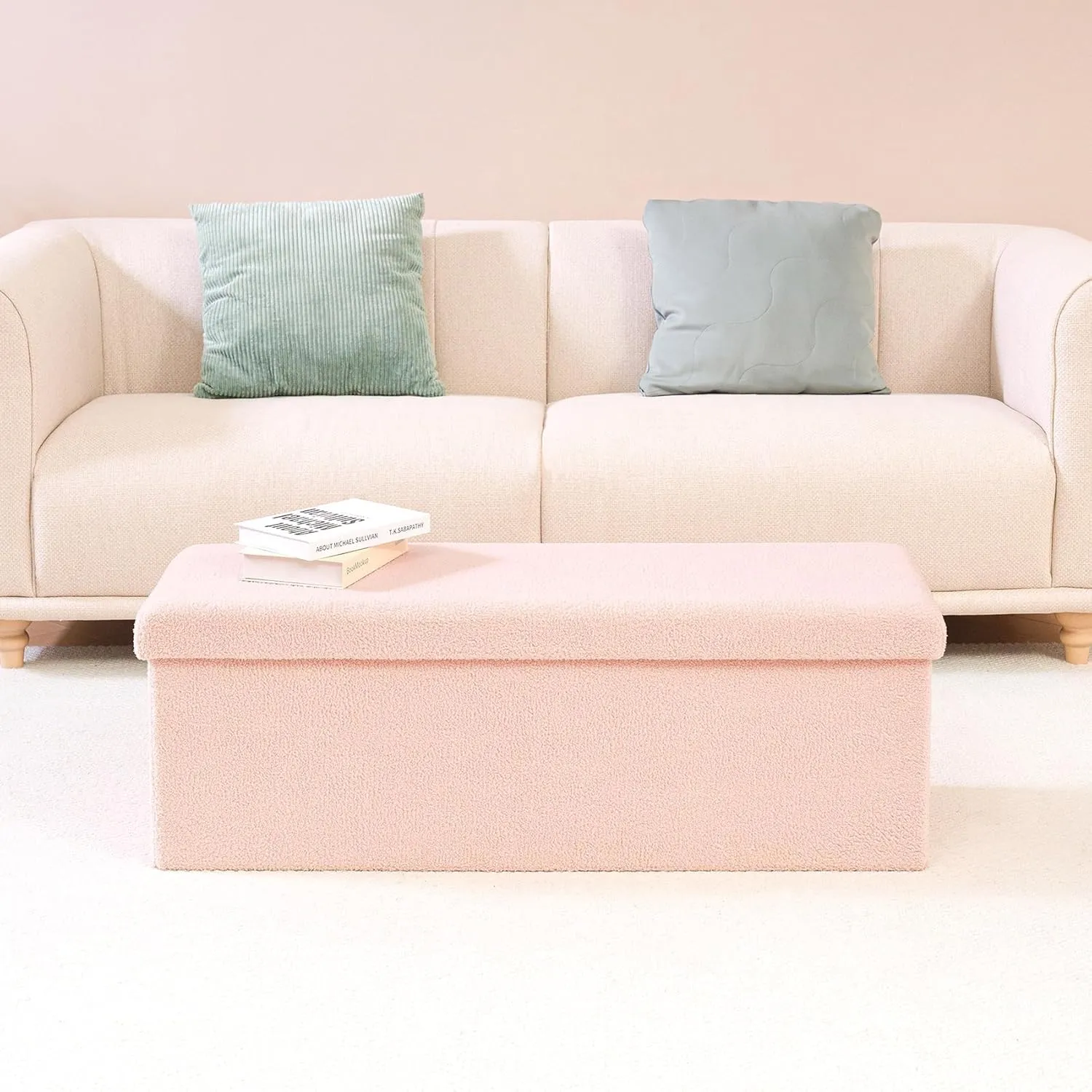 PINPLUS Storage Ottoman Bench Sherpa Foot Rest, Foldable Boucle Ottomans, Large Faux Teddy Fur Ottoman Storage Box Entryway Bench for Dorm, Pink, 43.3'' x 15'' x 15''