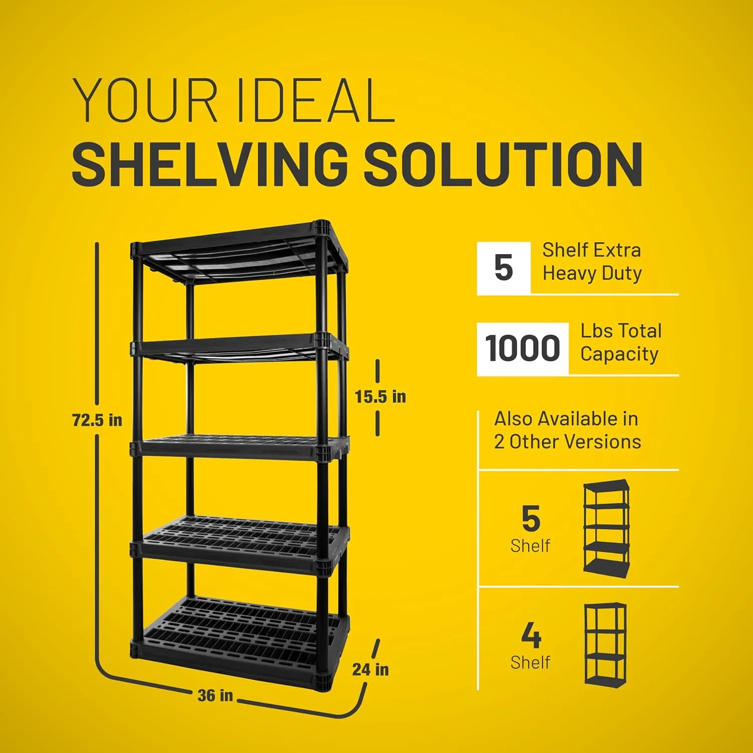 Plano 5-Shelf Extra Heavy Duty Plastic Storage Shelves, 72.5” x 36” x 24”, 1000lb Capacity, Pantry, Office, Closet and Garage Shelves, Easy to Assemble, Durable Plastic Shelving Unit
