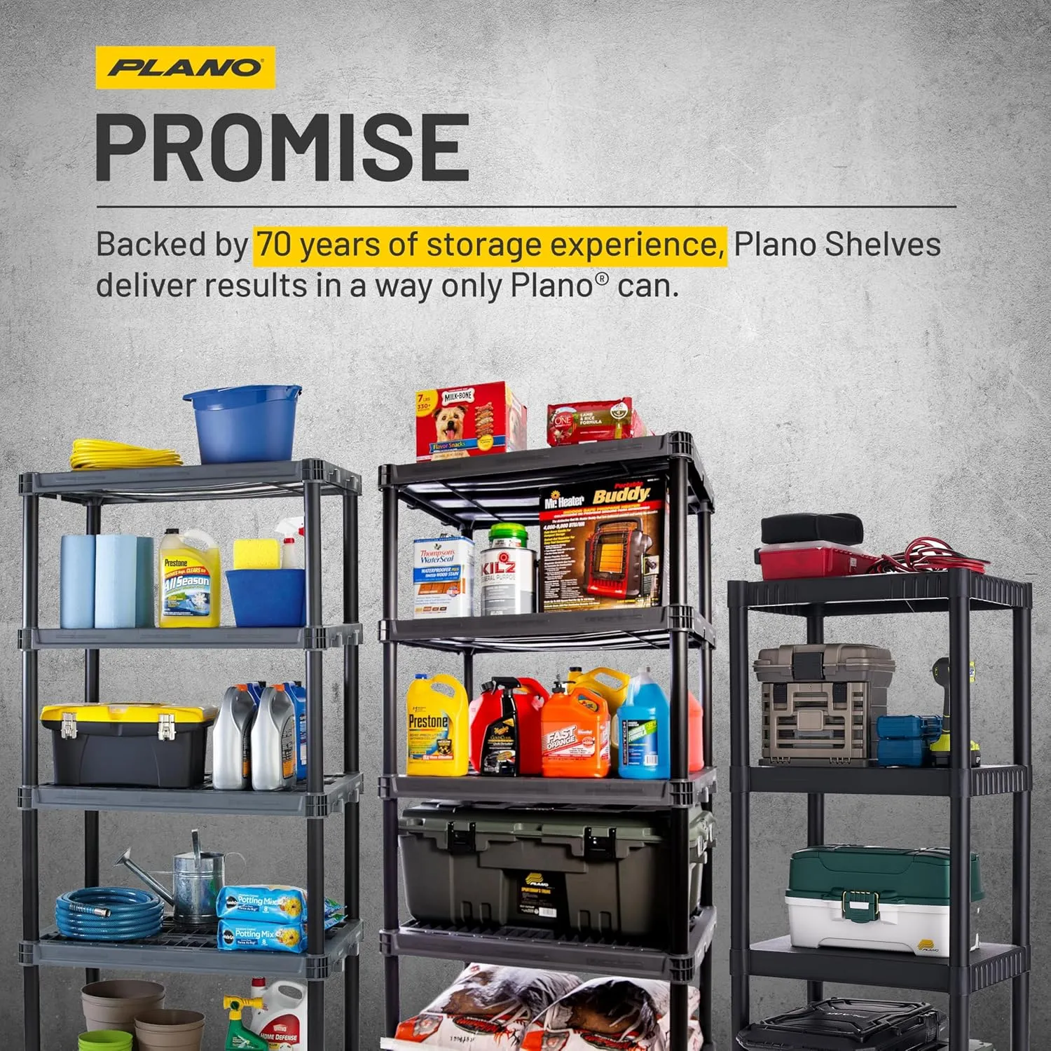 Plano 5-Shelf Extra Heavy Duty Plastic Storage Shelves, 72.5” x 36” x 24”, 1000lb Capacity, Pantry, Office, Closet and Garage Shelves, Easy to Assemble, Durable Plastic Shelving Unit