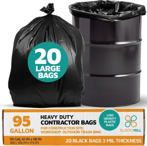 PlasticMill Contractor Bags Heavy Duty - Commercial, Industrial Garbage Bags - Black Construction Trash Bags - Outdoor, Garden Trash Bags, 95-Gallon, 3 Mil, 61"x68" (20-Count)