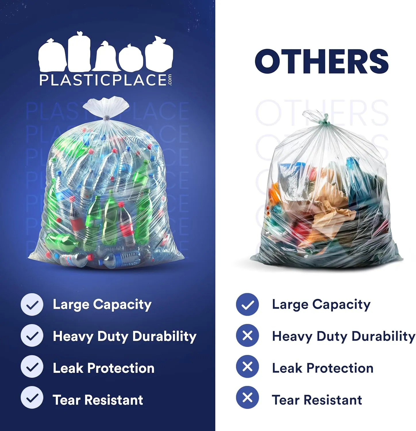 Plasticplace - W55LDC2 55-60 gallon Trash Bags │ 2 Mil │ Clear Heavy Duty Garbage Can Liners │ 38” x 58” 1 Count (Pack of 50)