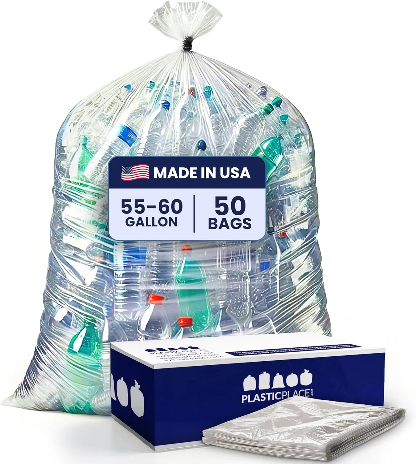 Plasticplace - W55LDC2 55-60 gallon Trash Bags │ 2 Mil │ Clear Heavy Duty Garbage Can Liners │ 38” x 58” 1 Count (Pack of 50)