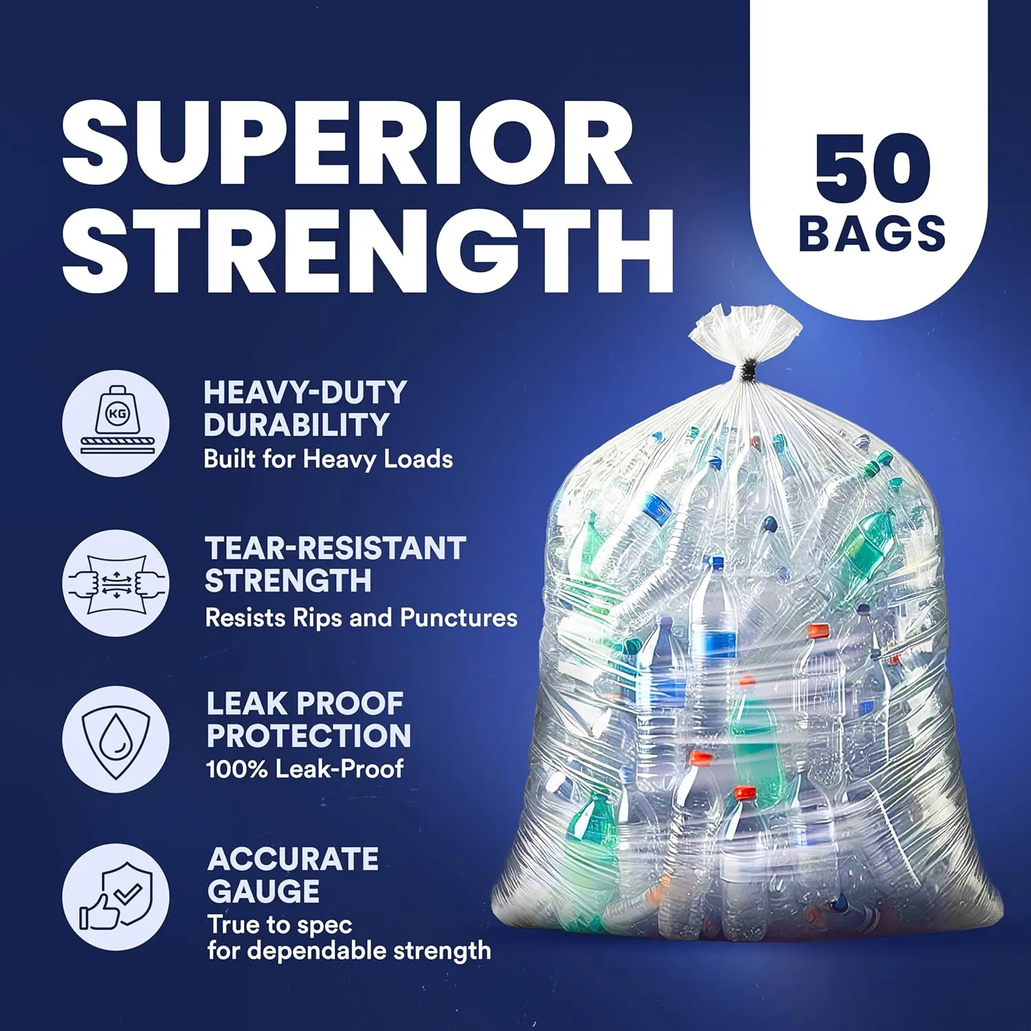 Plasticplace - W55LDC2 55-60 gallon Trash Bags │ 2 Mil │ Clear Heavy Duty Garbage Can Liners │ 38” x 58” 1 Count (Pack of 50)