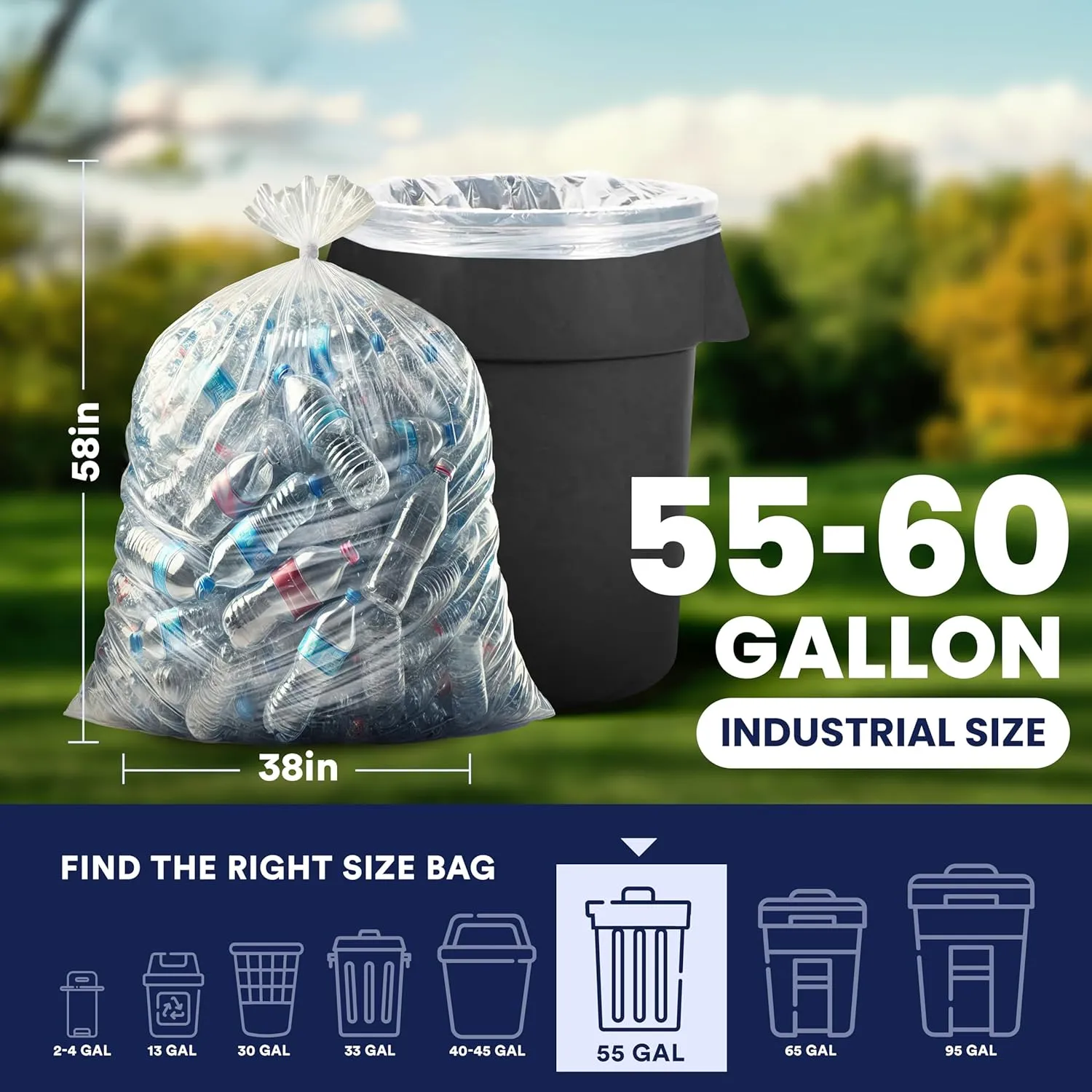Plasticplace - W55LDC2 55-60 gallon Trash Bags │ 2 Mil │ Clear Heavy Duty Garbage Can Liners │ 38” x 58” 1 Count (Pack of 50)