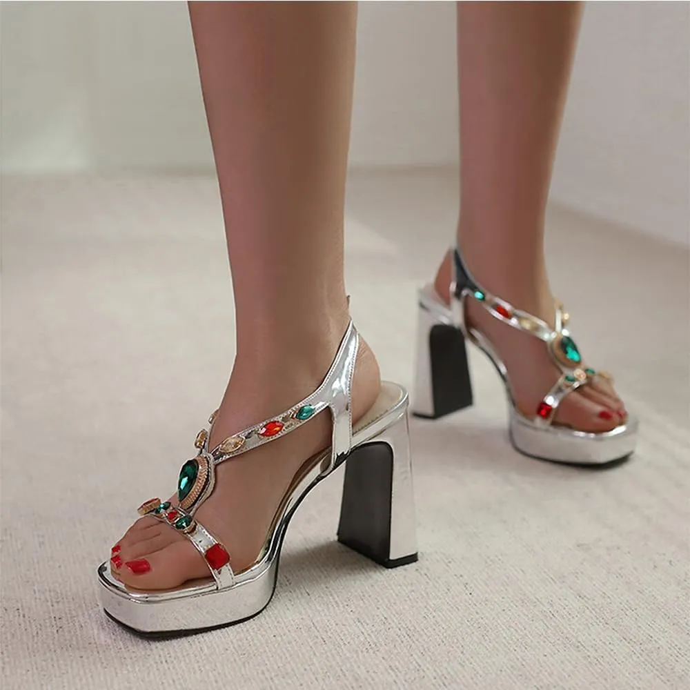 Platform Heels for Women Sexy Rhinestone Gem Chunky High Heel Sandals