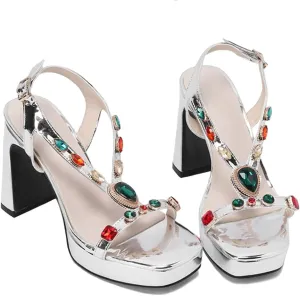 Platform Heels for Women Sexy Rhinestone Gem Chunky High Heel Sandals