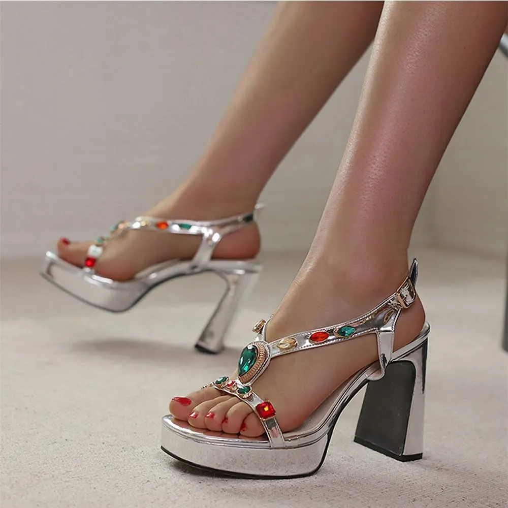 Platform Heels for Women Sexy Rhinestone Gem Chunky High Heel Sandals