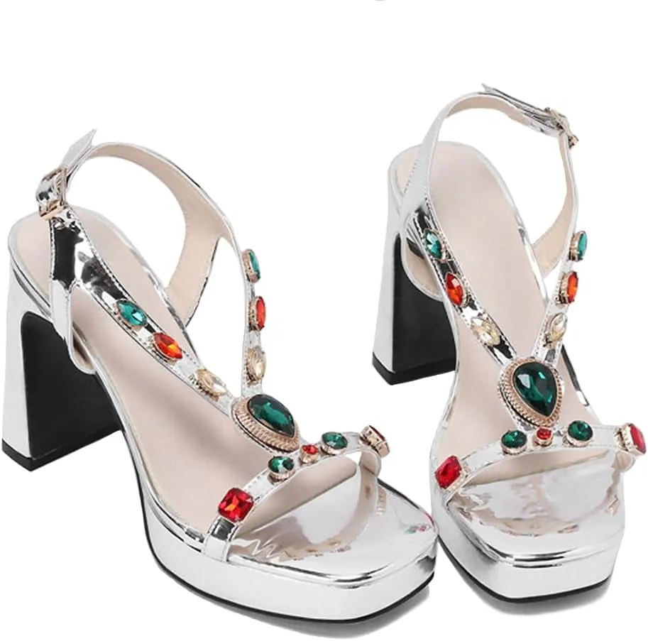 Platform Heels for Women Sexy Rhinestone Gem Chunky High Heel Sandals