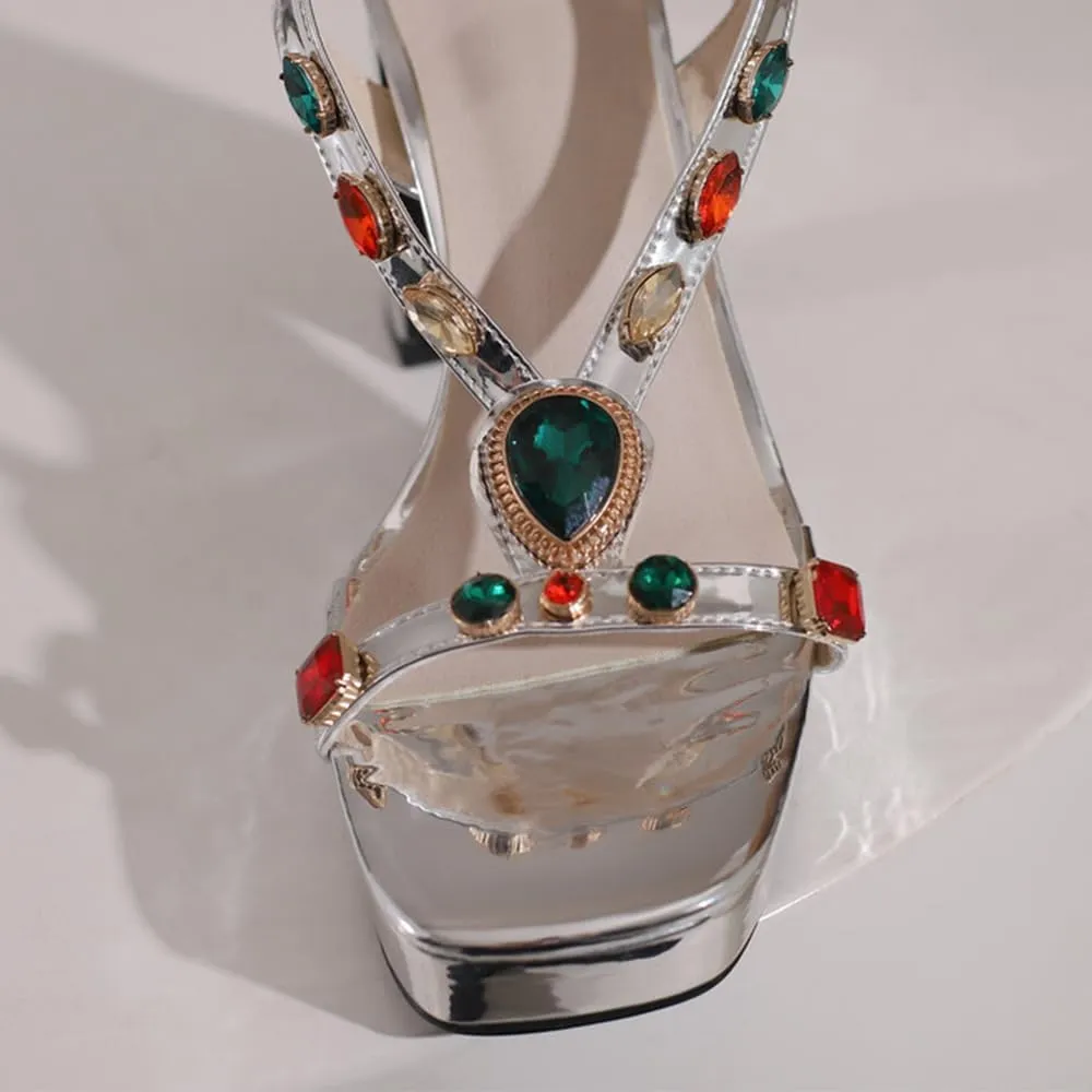 Platform Heels for Women Sexy Rhinestone Gem Chunky High Heel Sandals