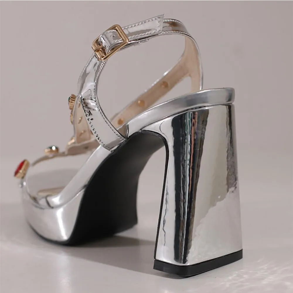 Platform Heels for Women Sexy Rhinestone Gem Chunky High Heel Sandals