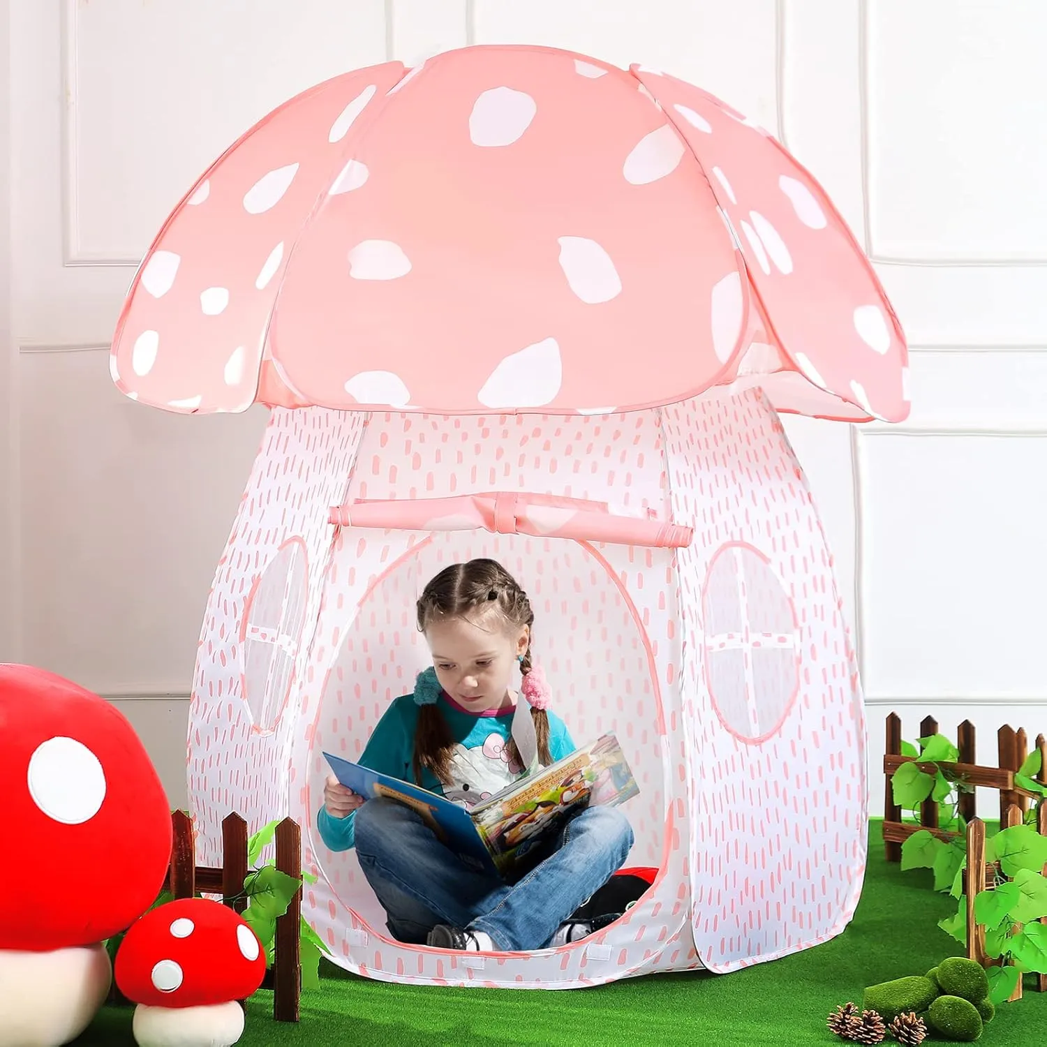 Play Tent for Kids Pop UpTent Indoor Outdoor Boys and Girls Playhouse with Exquisite Design for Imaginative Mushroom Tent by CRAWLBO Patented(Pink/Large)