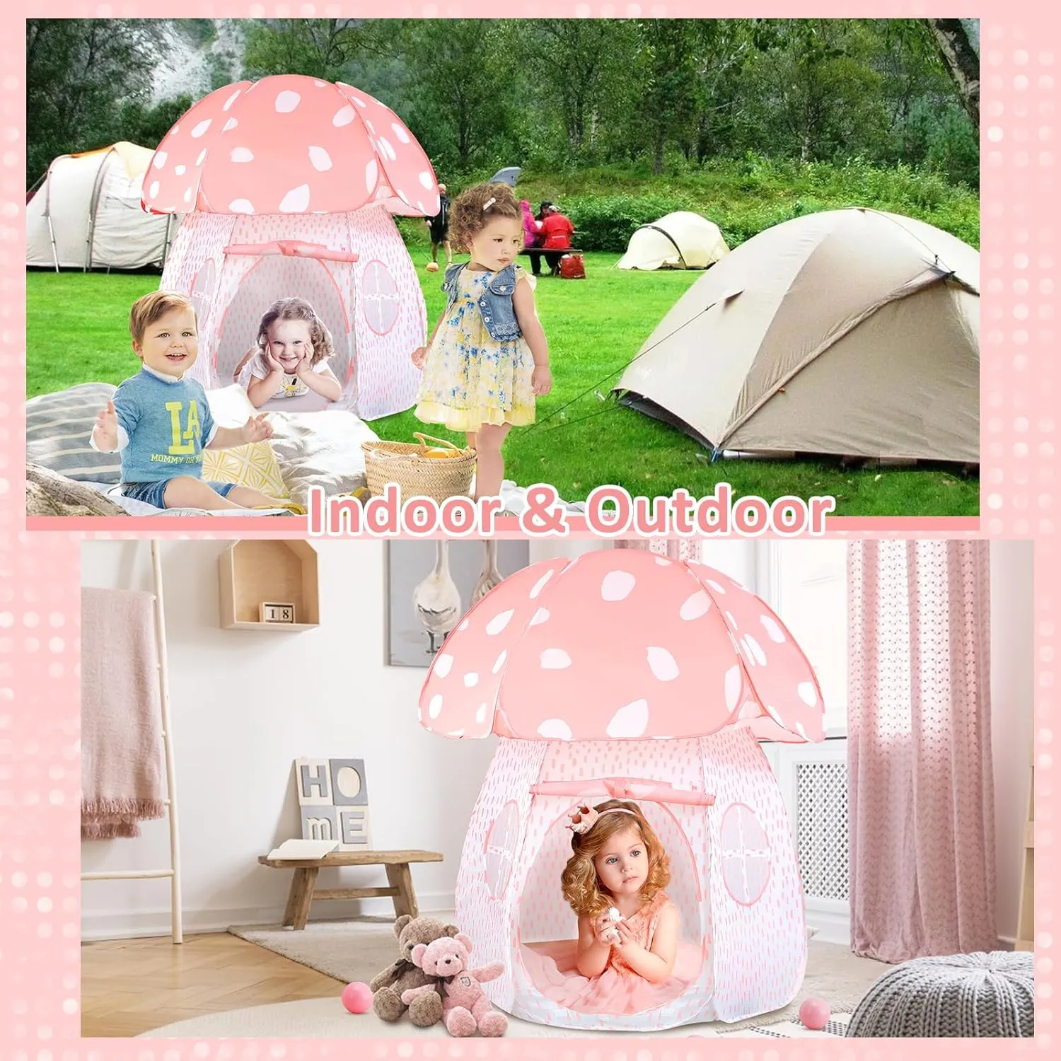 Play Tent for Kids Pop UpTent Indoor Outdoor Boys and Girls Playhouse with Exquisite Design for Imaginative Mushroom Tent by CRAWLBO Patented(Pink/Large)