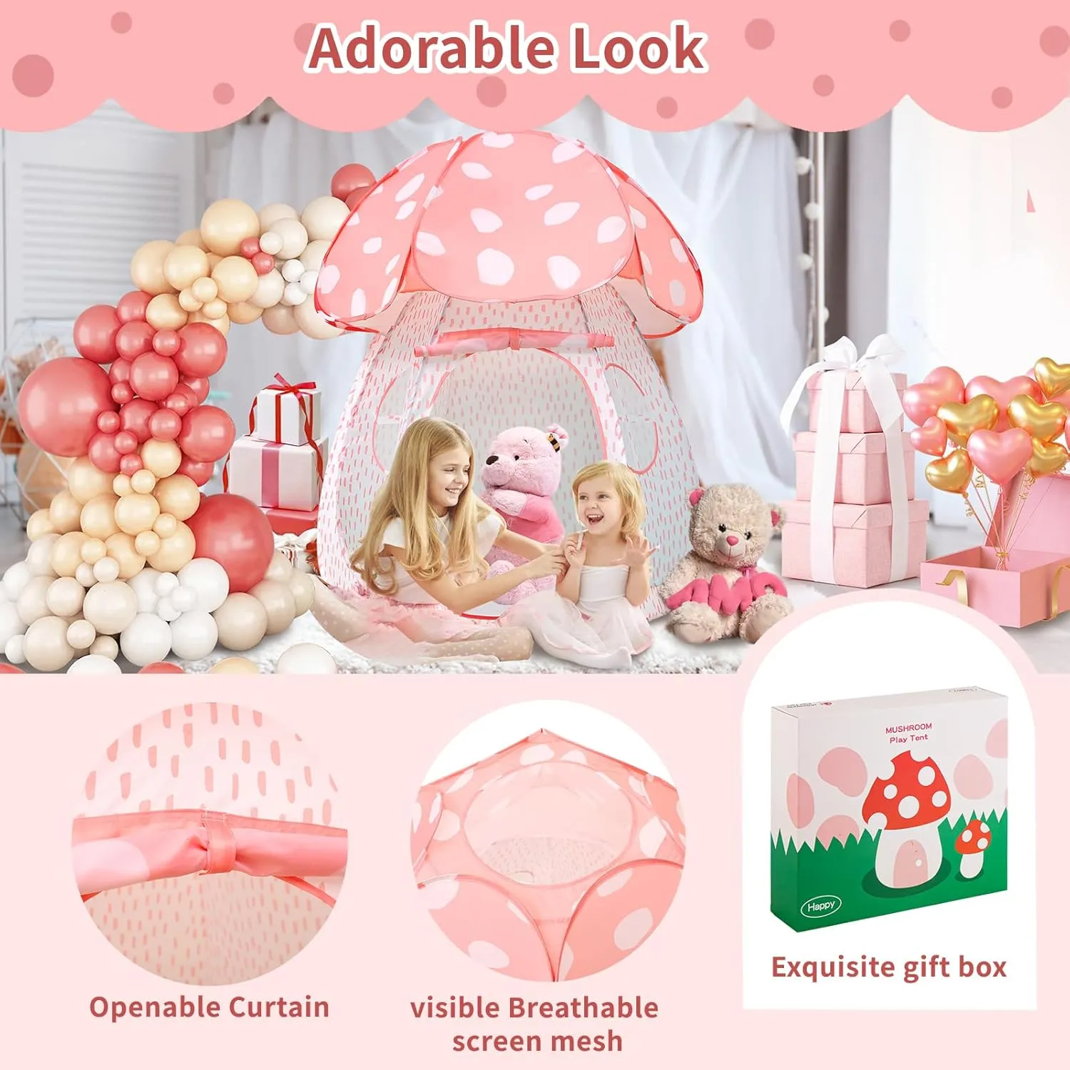 Play Tent for Kids Pop UpTent Indoor Outdoor Boys and Girls Playhouse with Exquisite Design for Imaginative Mushroom Tent by CRAWLBO Patented(Pink/Large)