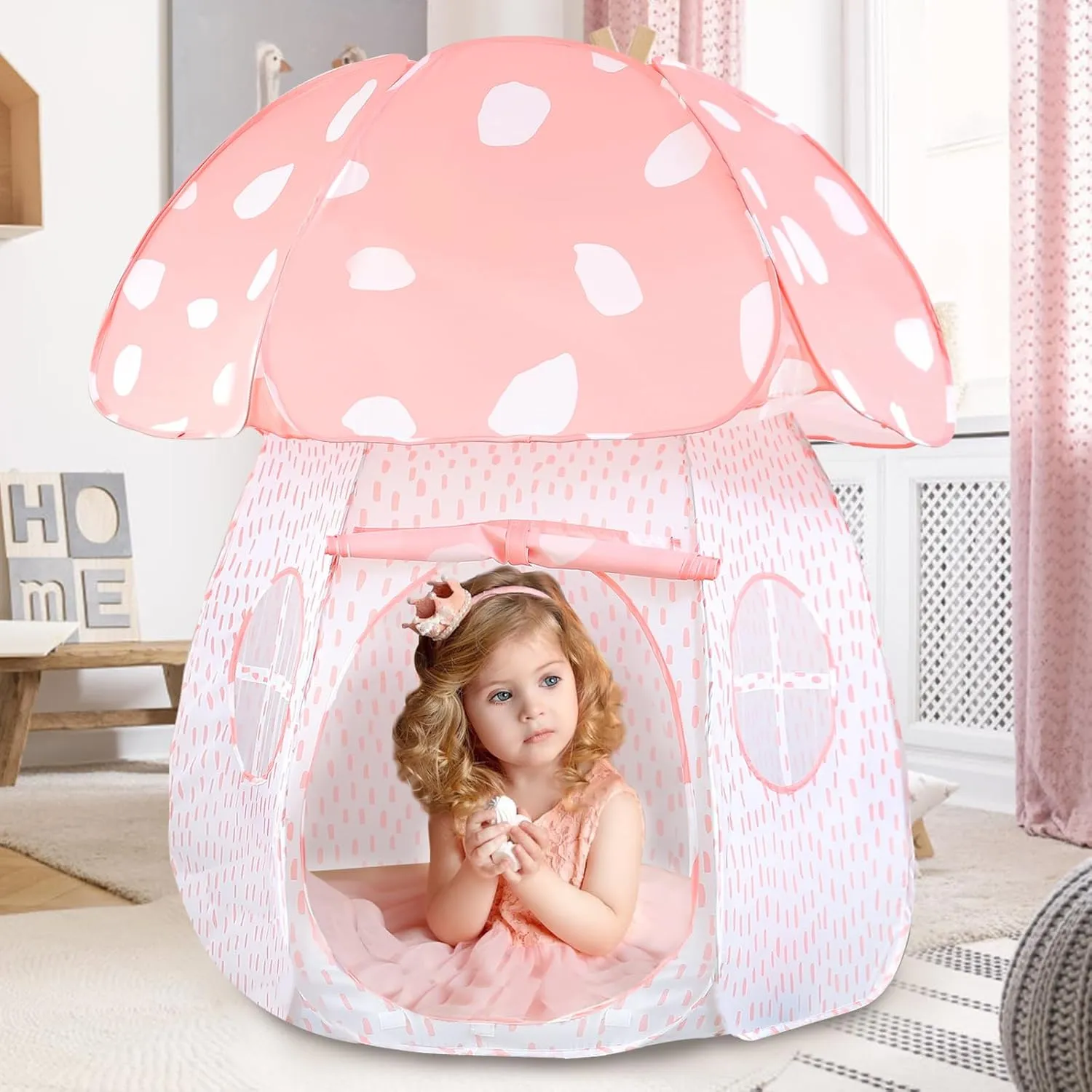 Play Tent for Kids Pop UpTent Indoor Outdoor Boys and Girls Playhouse with Exquisite Design for Imaginative Mushroom Tent by CRAWLBO Patented(Pink/Large)