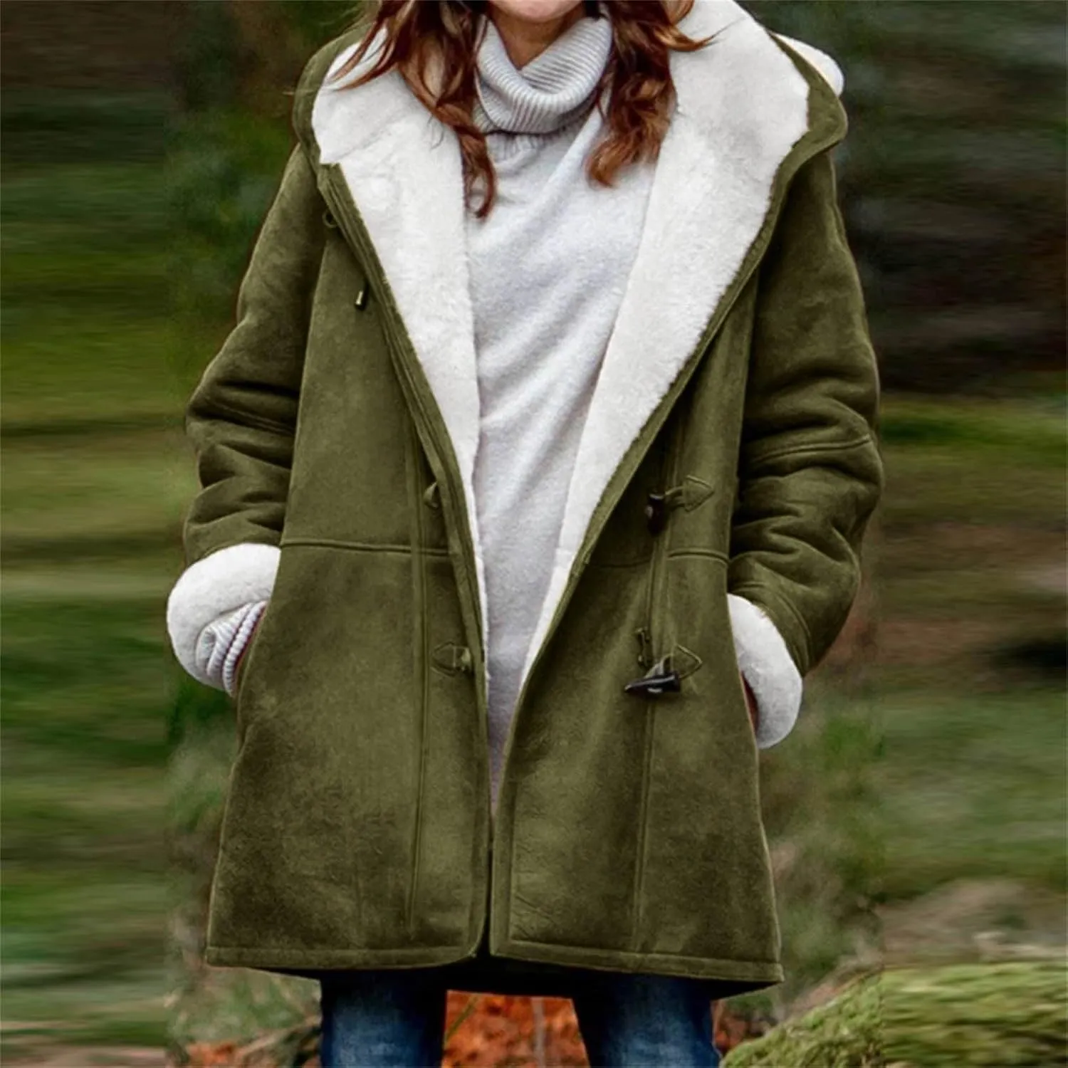Plus Size Winter Coats for Women 2024 Warm Fleece Lined Jacket Button Sherpa Fur Hooded Parka Suede Peacoat Outerwear