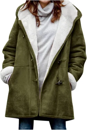 Plus Size Winter Coats for Women 2024 Warm Fleece Lined Jacket Button Sherpa Fur Hooded Parka Suede Peacoat Outerwear