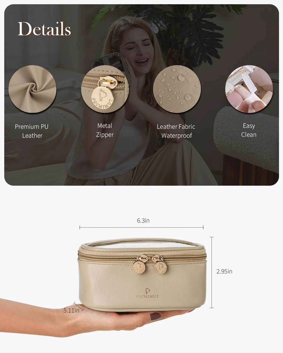 Pocmimut Makeup Bag,Clear Cosmetic Bag Travel Makeup Pouch Car Accessories for Women,Travel Essentials Toiletry Bag Organizers,Apricot