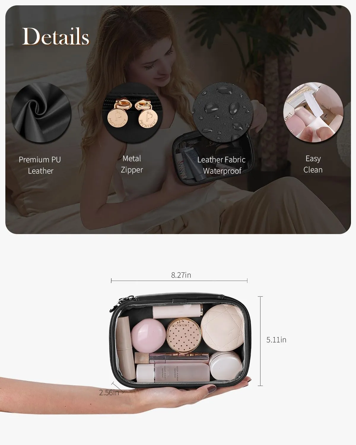 Pocmimut Makeup Bag,Small Makeup Bag Clear Travel Makeup Bag Car Accessories Storage for Women,Travel Essentials Organizers,Black
