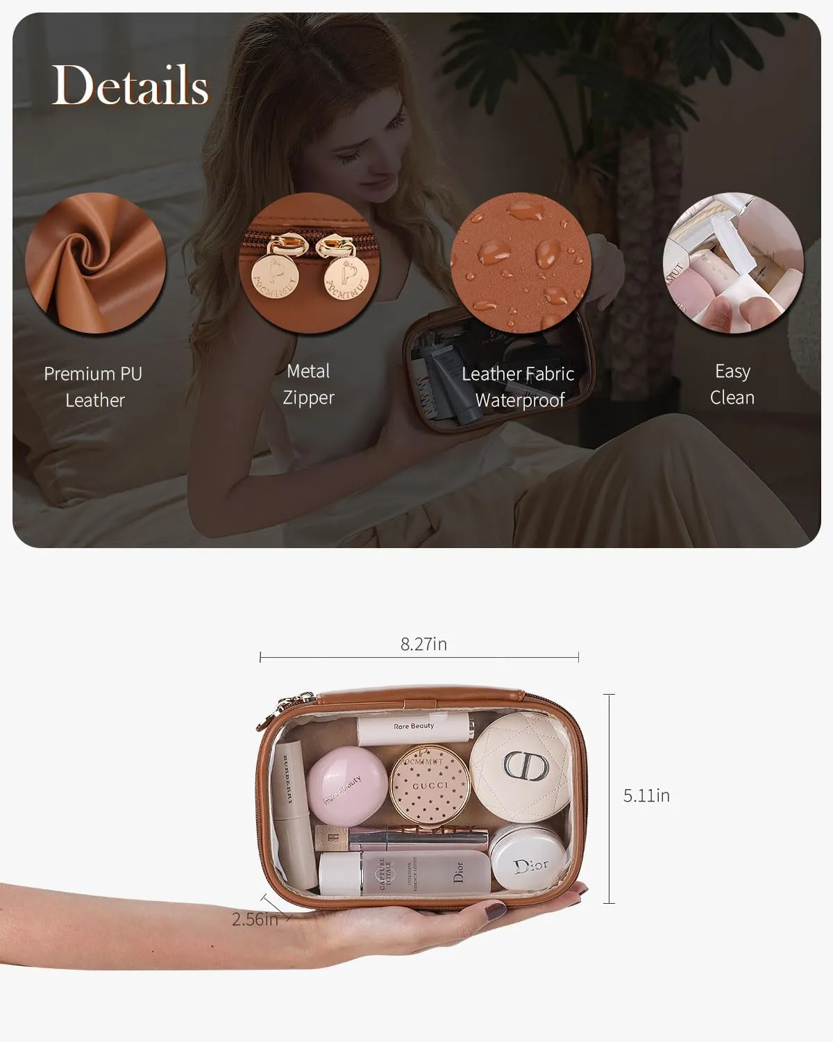 Pocmimut Makeup Bag,Small Makeup Bag Toiletry Bag Car Accessories Storage for Women,Travel Essentials Organizers,Brown