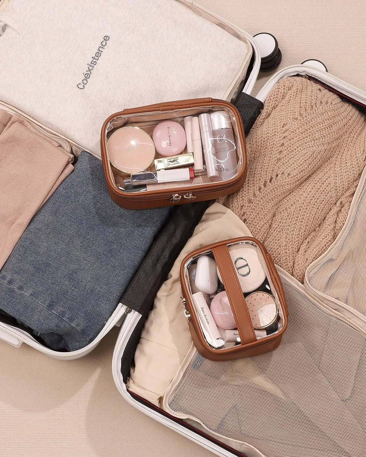 Pocmimut Makeup Bag,Small Makeup Bag Toiletry Bag Car Accessories Storage for Women,Travel Essentials Organizers,Brown