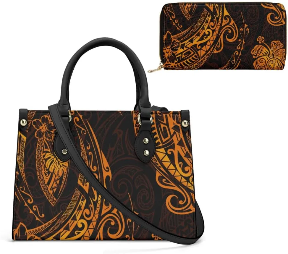 Polynesian Custom Handbag, A Two-Piece Set Of Women'S Single-Shoulder Bag And Wallet Samoan Tribal Pattern Design
