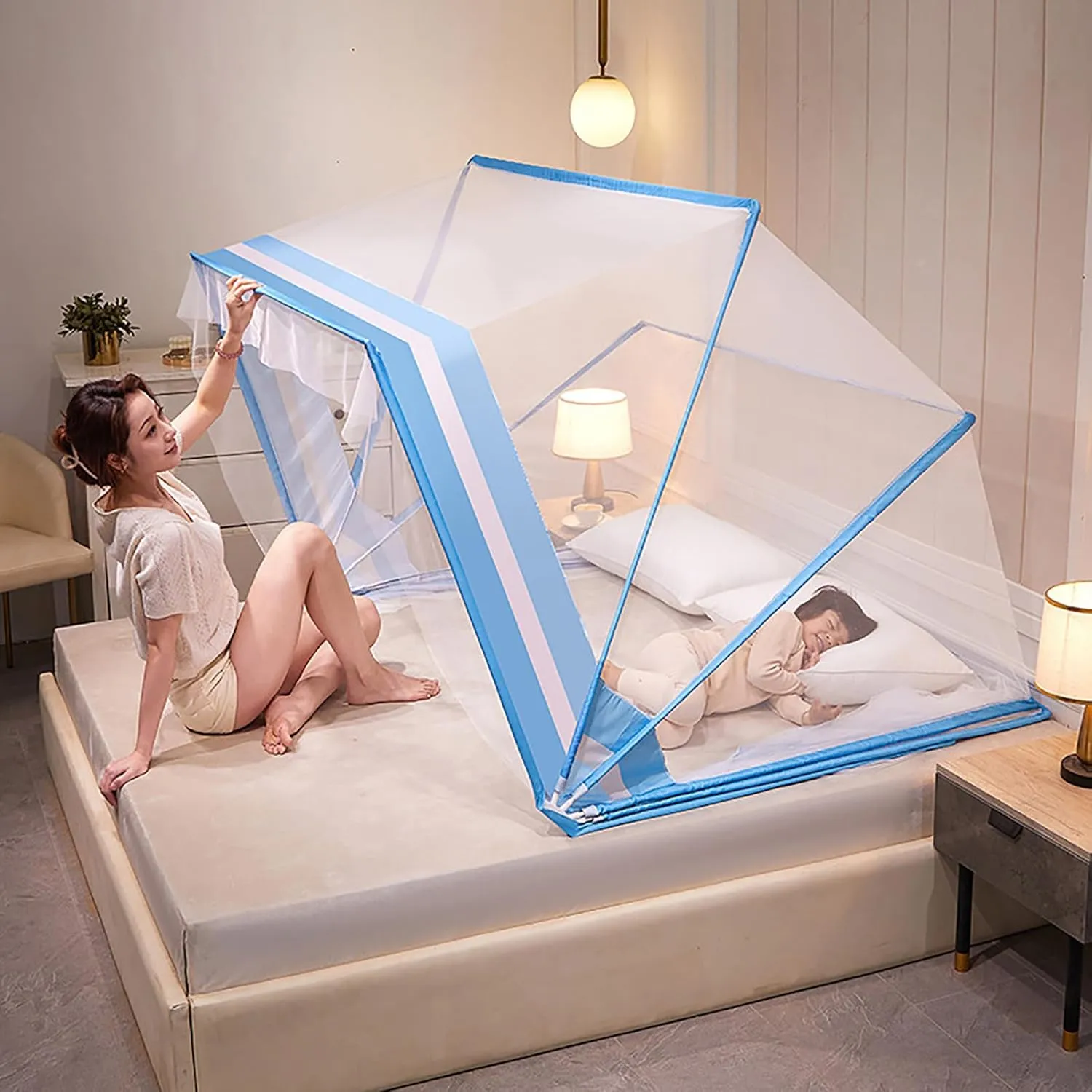 Pop-Up Mosquito Net Tent Wide Roof,Portable Folding Design with Bottom for Bedroom Yard Outdoor Camping Fishing Hiking Trip,E,135×190×120cm