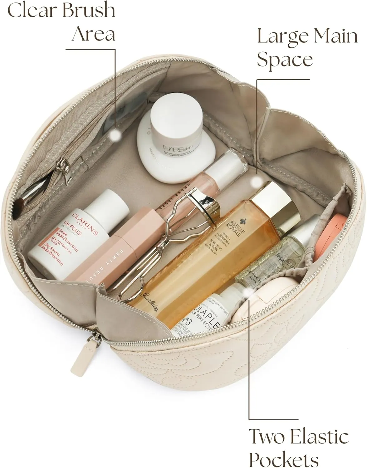 Popvibe Open Flat Makeup Bag Travel Cosmetic Case for Women, Large Capacity Toiletry Travel Bag with Zipper, Portable Aesthetic Floral Make Up Organizer Pouch for Toiletries Makeup Brush, Cream Medium