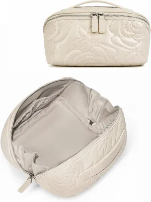 Popvibe Open Flat Makeup Bag Travel Cosmetic Case for Women, Large Capacity Toiletry Travel Bag with Zipper, Portable Aesthetic Floral Make Up Organizer Pouch for Toiletries Makeup Brush, Cream Medium