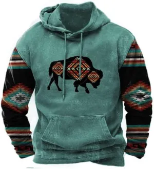 PORCLAY Cowboy Hoodie for Men Western Aztec Hooded Sweatshirt Country Graphic Print Oversized Pullover Shirts with Pocket