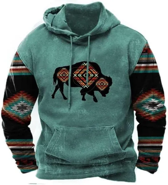 PORCLAY Cowboy Hoodie for Men Western Aztec Hooded Sweatshirt Country Graphic Print Oversized Pullover Shirts with Pocket