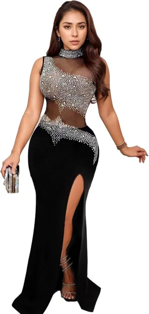 PORRCEY Women Sexy Elegant Rhinestone Mesh See Through Evening Dresses Party Club Night Clubwear