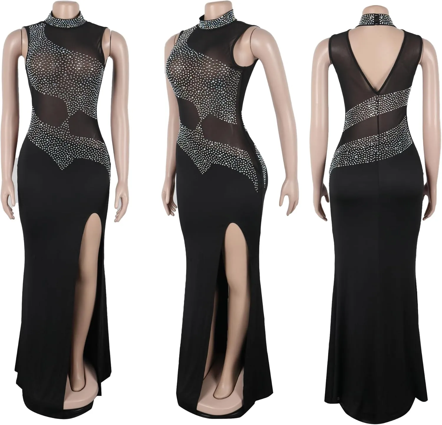 PORRCEY Women Sexy Elegant Rhinestone Mesh See Through Evening Dresses Party Club Night Clubwear