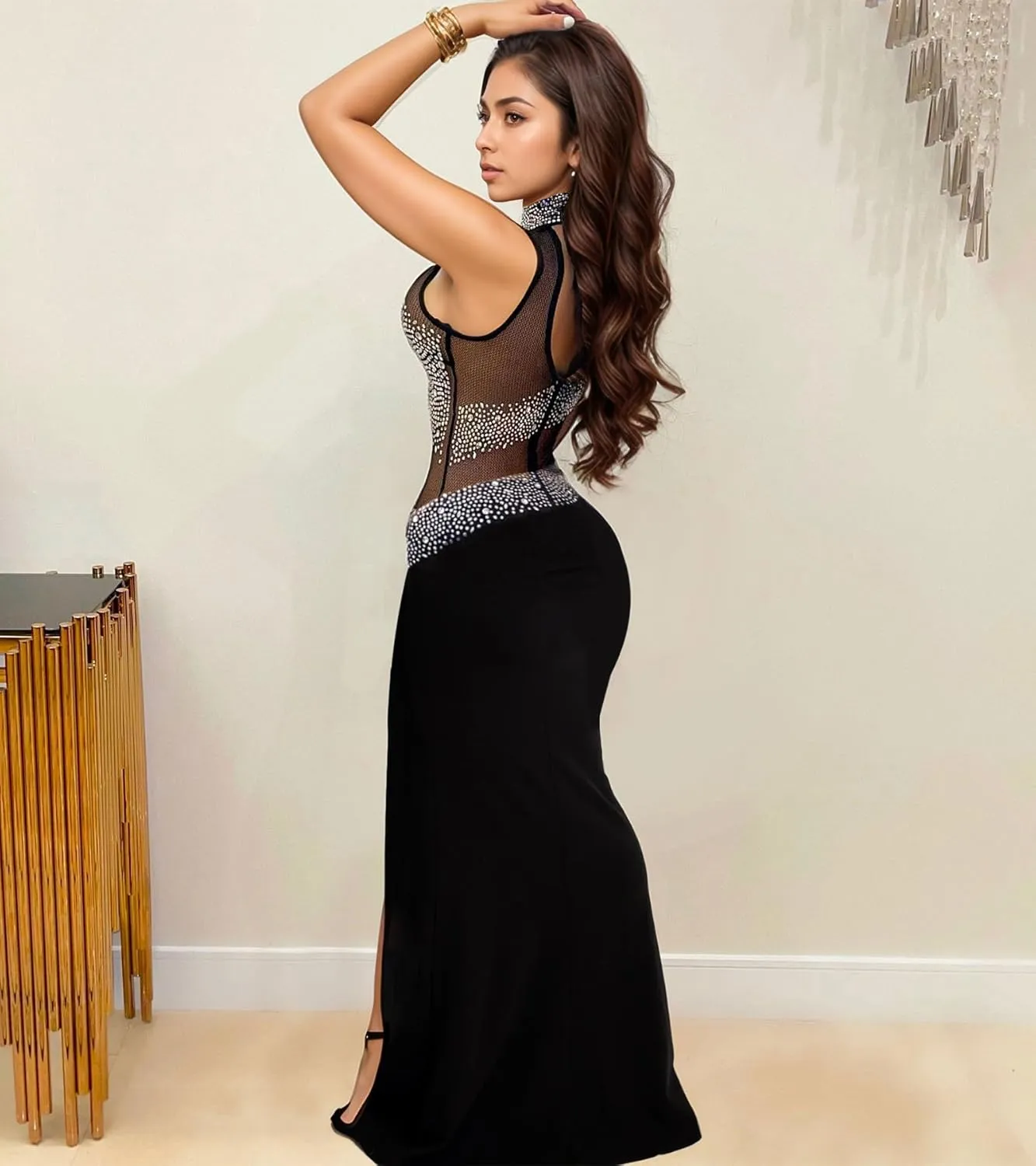 PORRCEY Women Sexy Elegant Rhinestone Mesh See Through Evening Dresses Party Club Night Clubwear