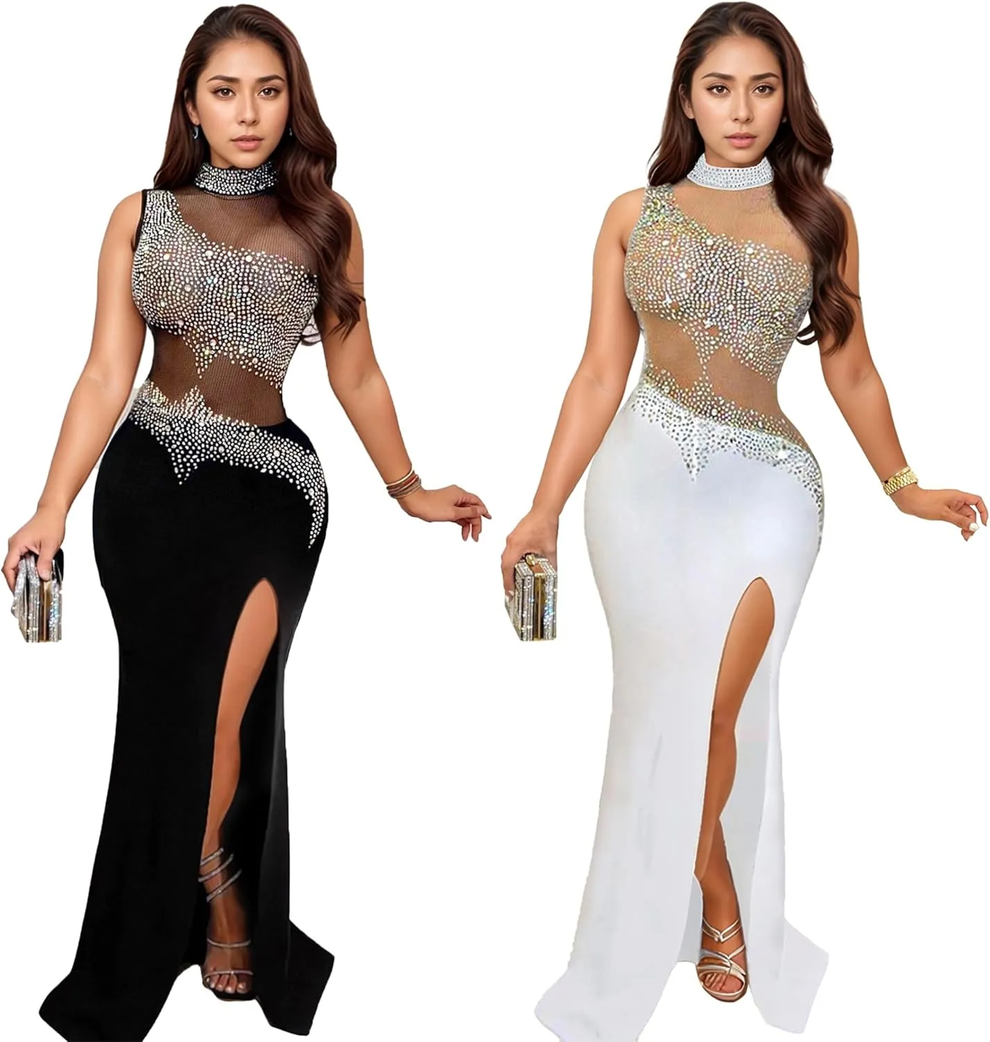 PORRCEY Women Sexy Elegant Rhinestone Mesh See Through Evening Dresses Party Club Night Clubwear