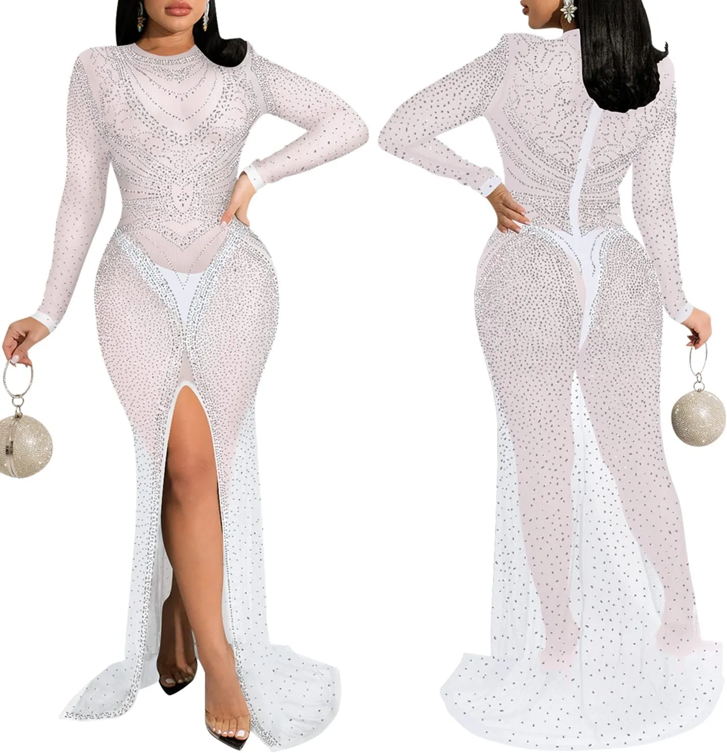 PORRCEY Women's Sexy Elegant Rhinestone Long Sleeve Night Club Dress Party Clubwear Sparkly Evening Dress
