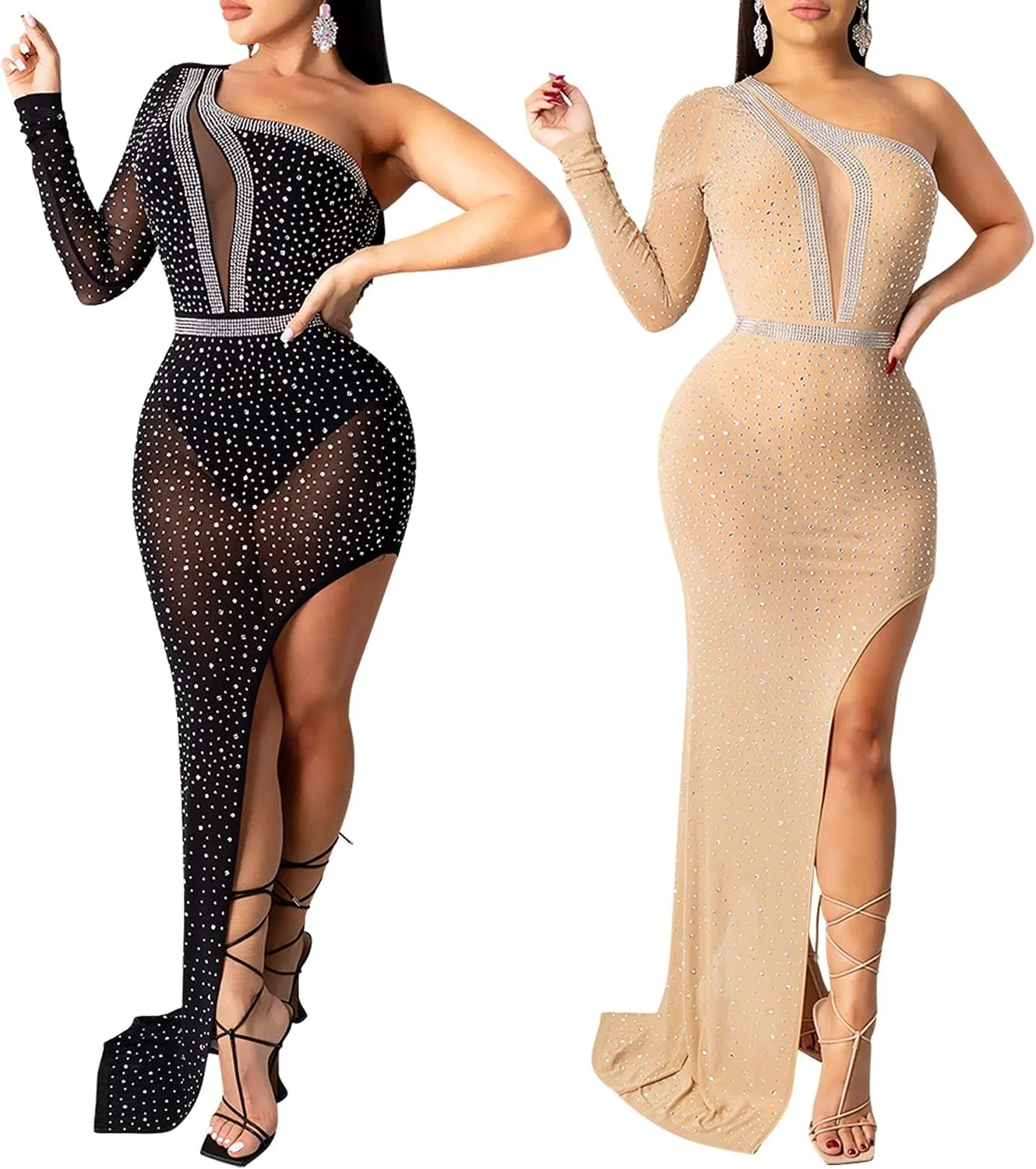PORRCEY Women's Sexy Elegant Rhinestone Long Sleeve Night Club Dress Party Clubwear Sparkly Evening Dress