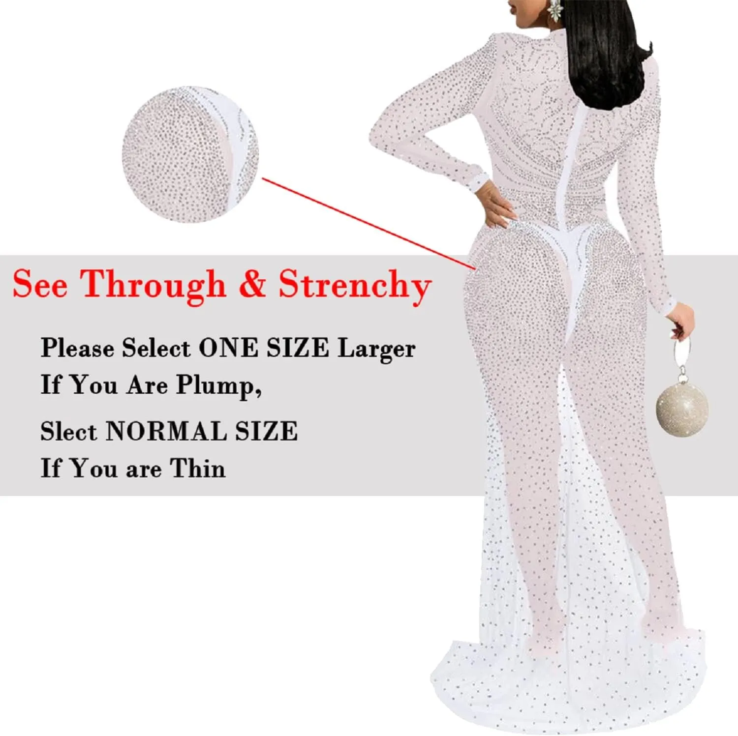 PORRCEY Women's Sexy Elegant Rhinestone Long Sleeve Night Club Dress Party Clubwear Sparkly Evening Dress