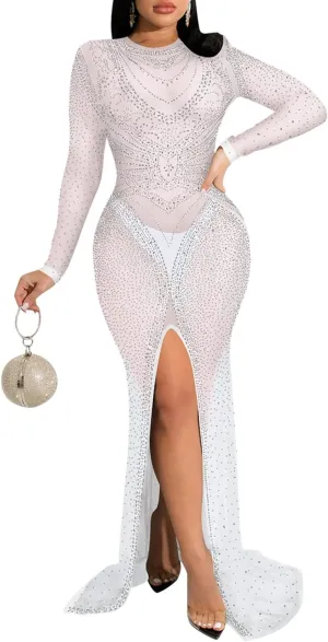 PORRCEY Women's Sexy Elegant Rhinestone Long Sleeve Night Club Dress Party Clubwear Sparkly Evening Dress