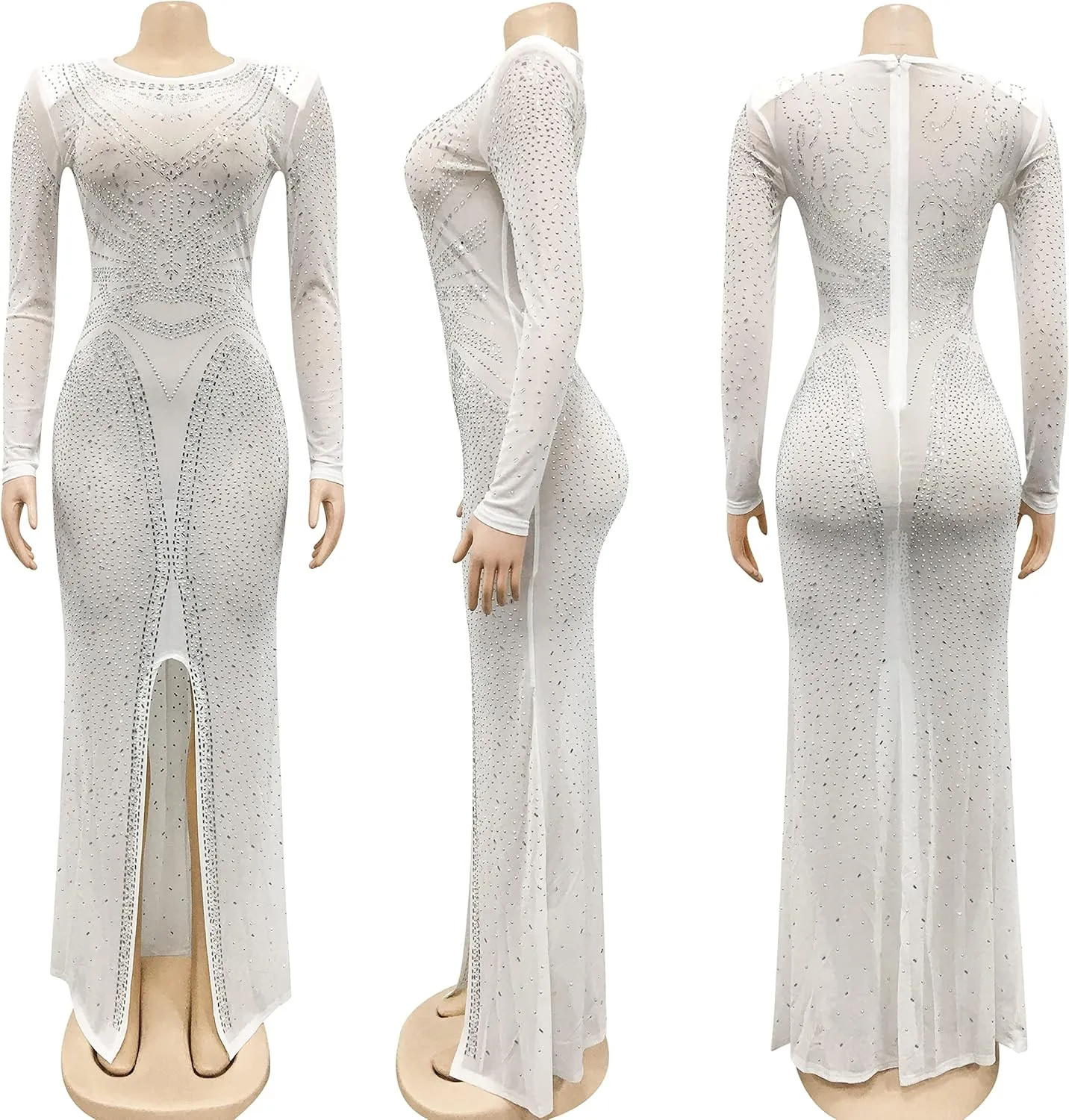 PORRCEY Women's Sexy Elegant Rhinestone Long Sleeve Night Club Dress Party Clubwear Sparkly Evening Dress