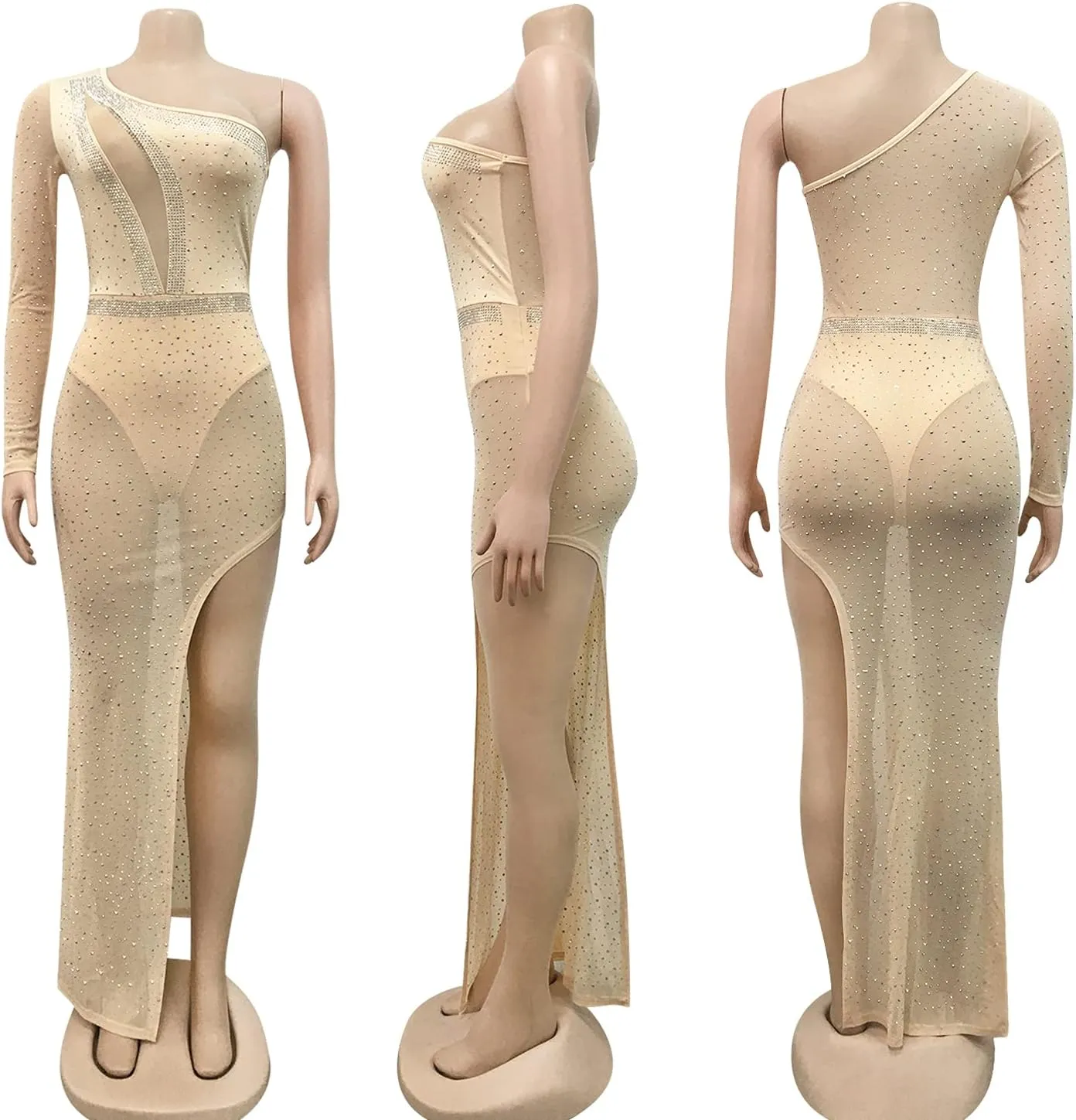 PORRCEY Women's Sexy Elegant Rhinestone Long Sleeve Night Club Dress Party Clubwear Sparkly Evening Dress