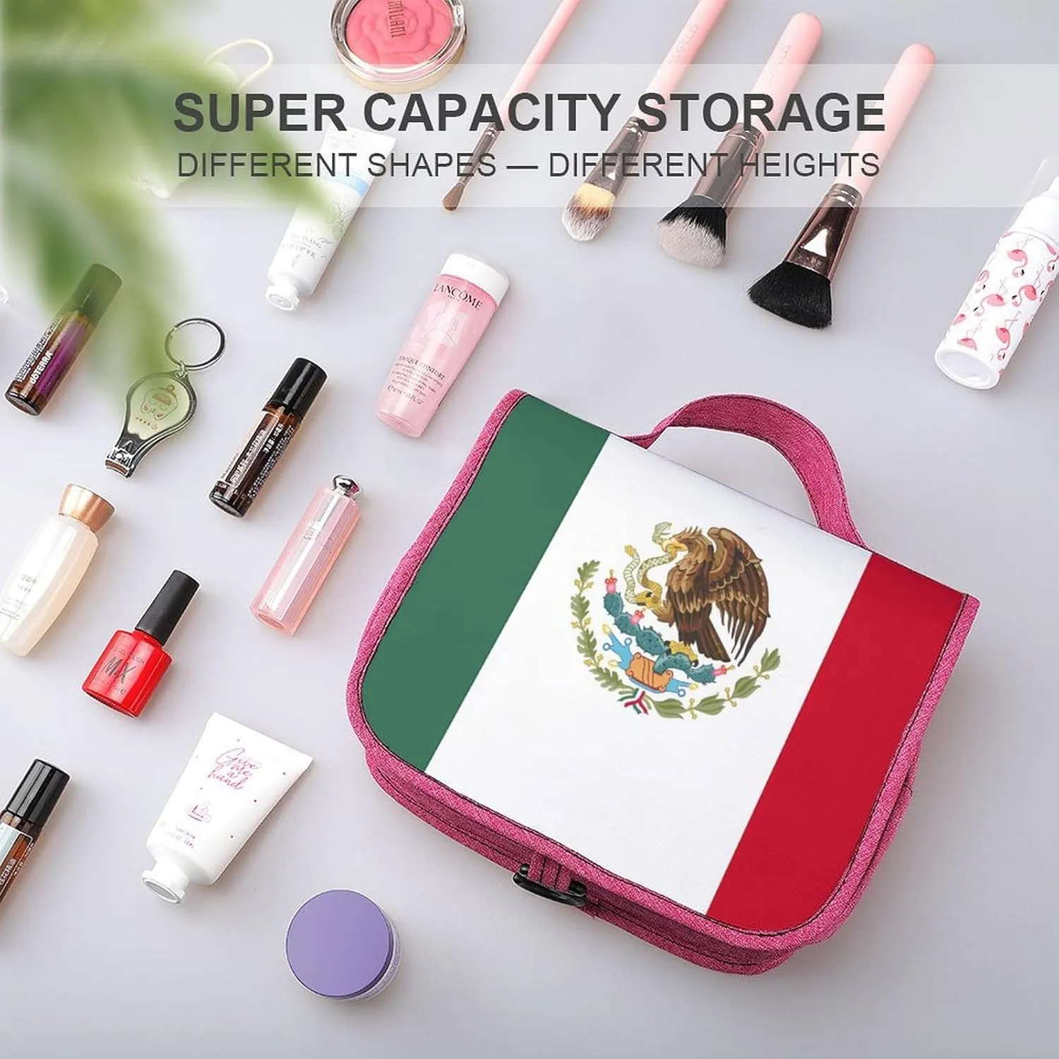 Portable Cosmetic Bag for Men Women, Mexican Mexico Flag Travel Toiletry Storage Organizer Case Bathroom Hanging Makeup Bag