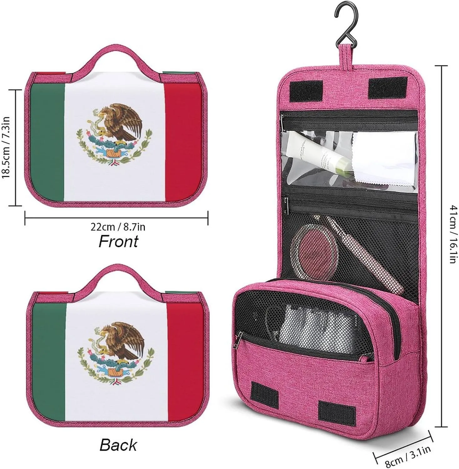 Portable Cosmetic Bag for Men Women, Mexican Mexico Flag Travel Toiletry Storage Organizer Case Bathroom Hanging Makeup Bag