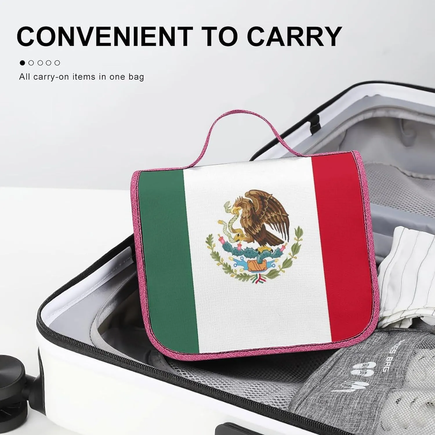 Portable Cosmetic Bag for Men Women, Mexican Mexico Flag Travel Toiletry Storage Organizer Case Bathroom Hanging Makeup Bag