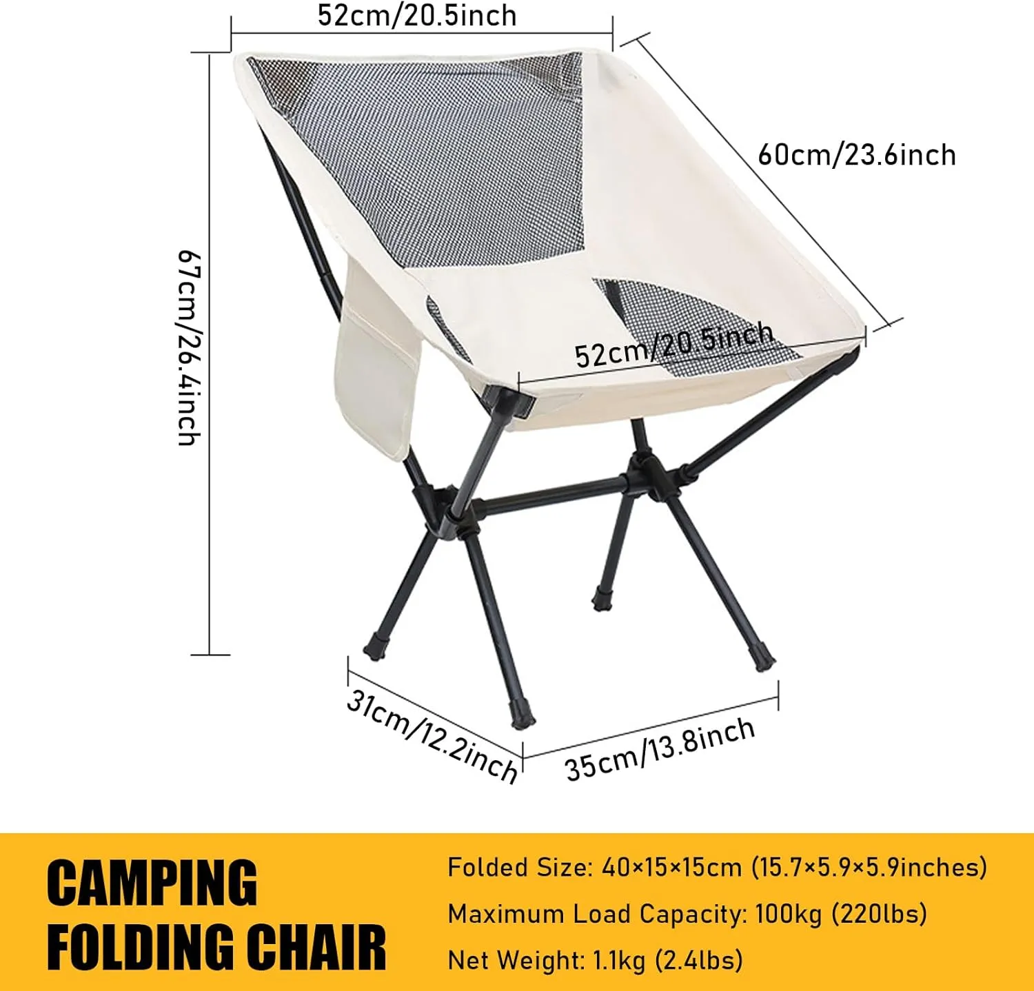 Portable Folding Chair for Camping, Backpacking Chair wiith Side Pocket, Ultralight & Compact, 100 kg Capacity, Foldable Camp Chair for Travel, Beach, Garden, Picnic,Black a