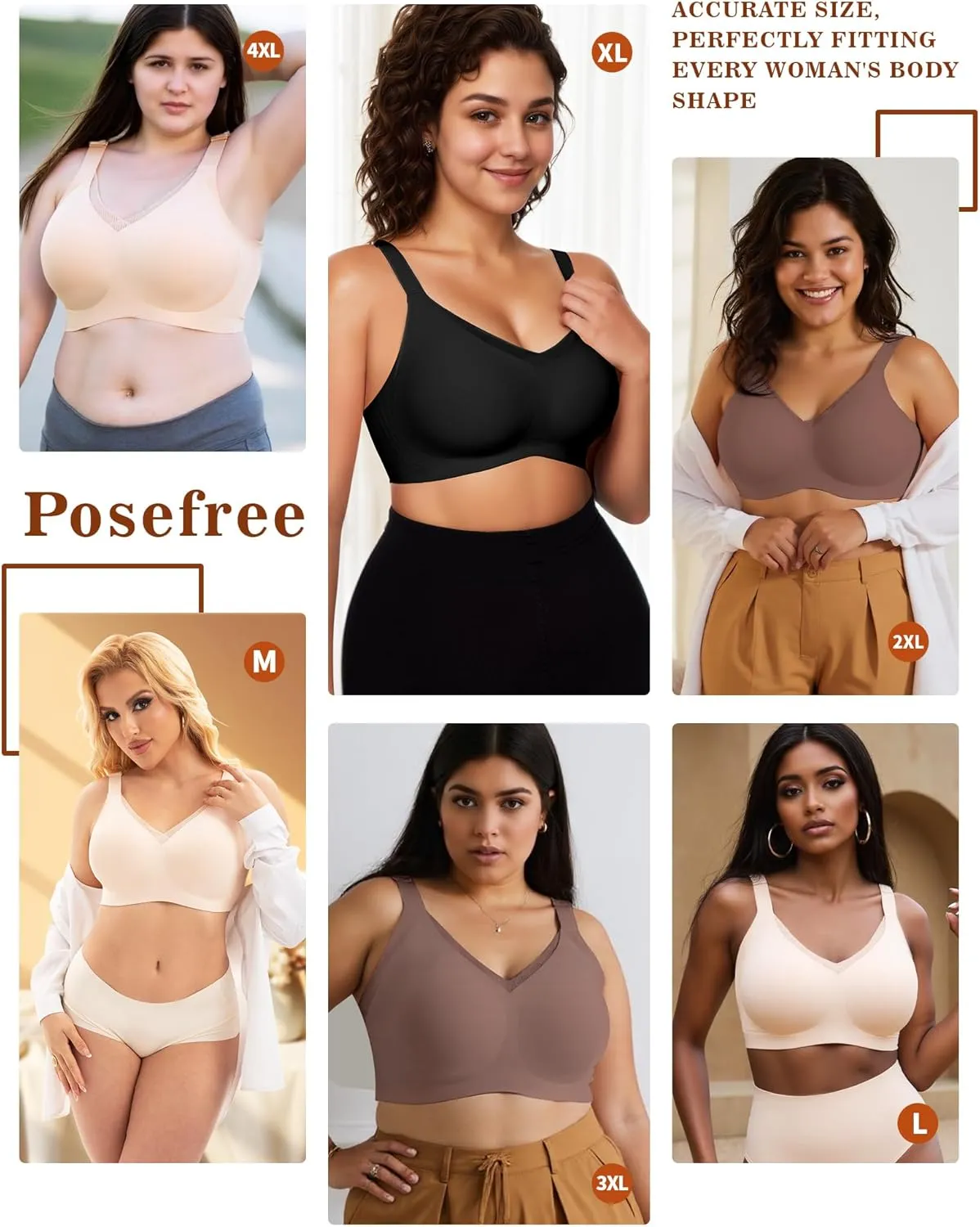 PoseFree Womens Wireless Bras Supportive Tshirt Bra No Underwire Seamless Push Up V Mesh Comfortable Bralette Everyday Bras