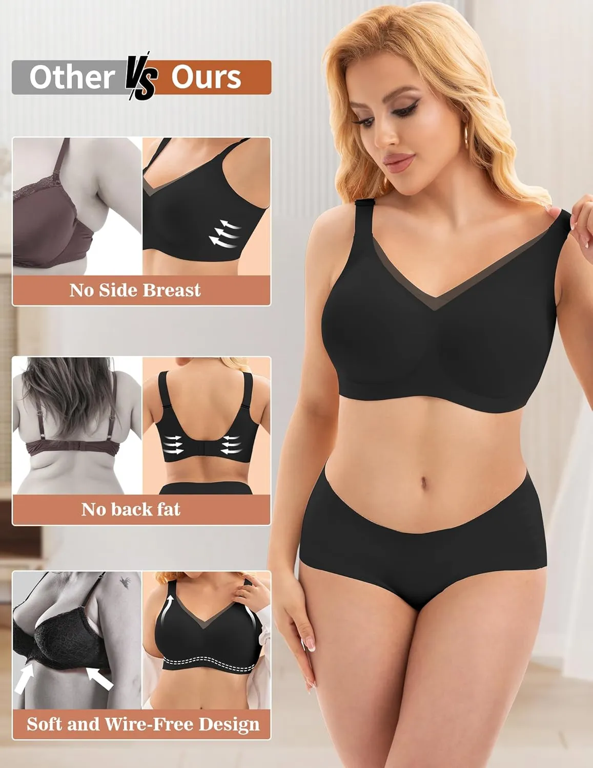 PoseFree Womens Wireless Bras Supportive Tshirt Bra No Underwire Seamless Push Up V Mesh Comfortable Bralette Everyday Bras