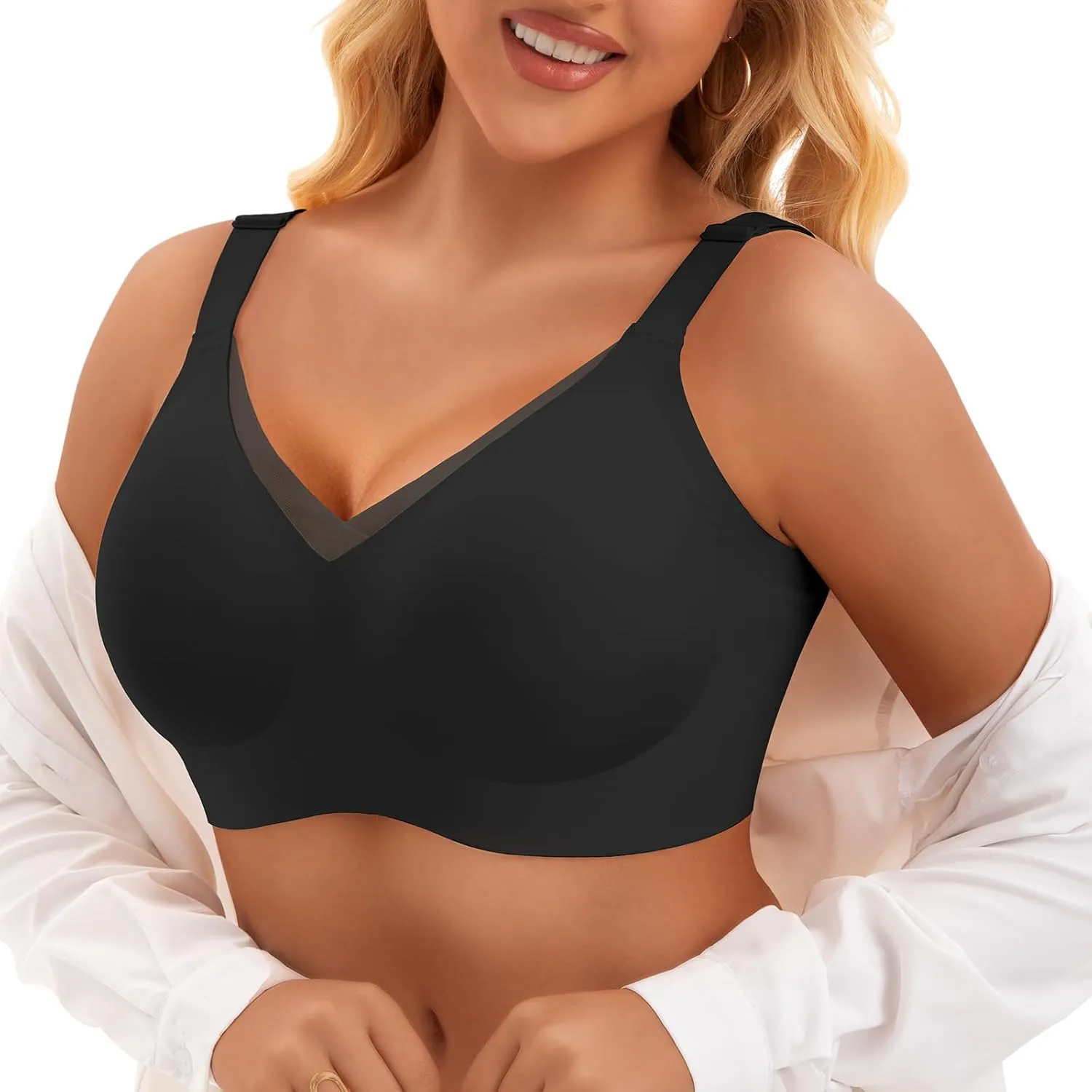 PoseFree Womens Wireless Bras Supportive Tshirt Bra No Underwire Seamless Push Up V Mesh Comfortable Bralette Everyday Bras
