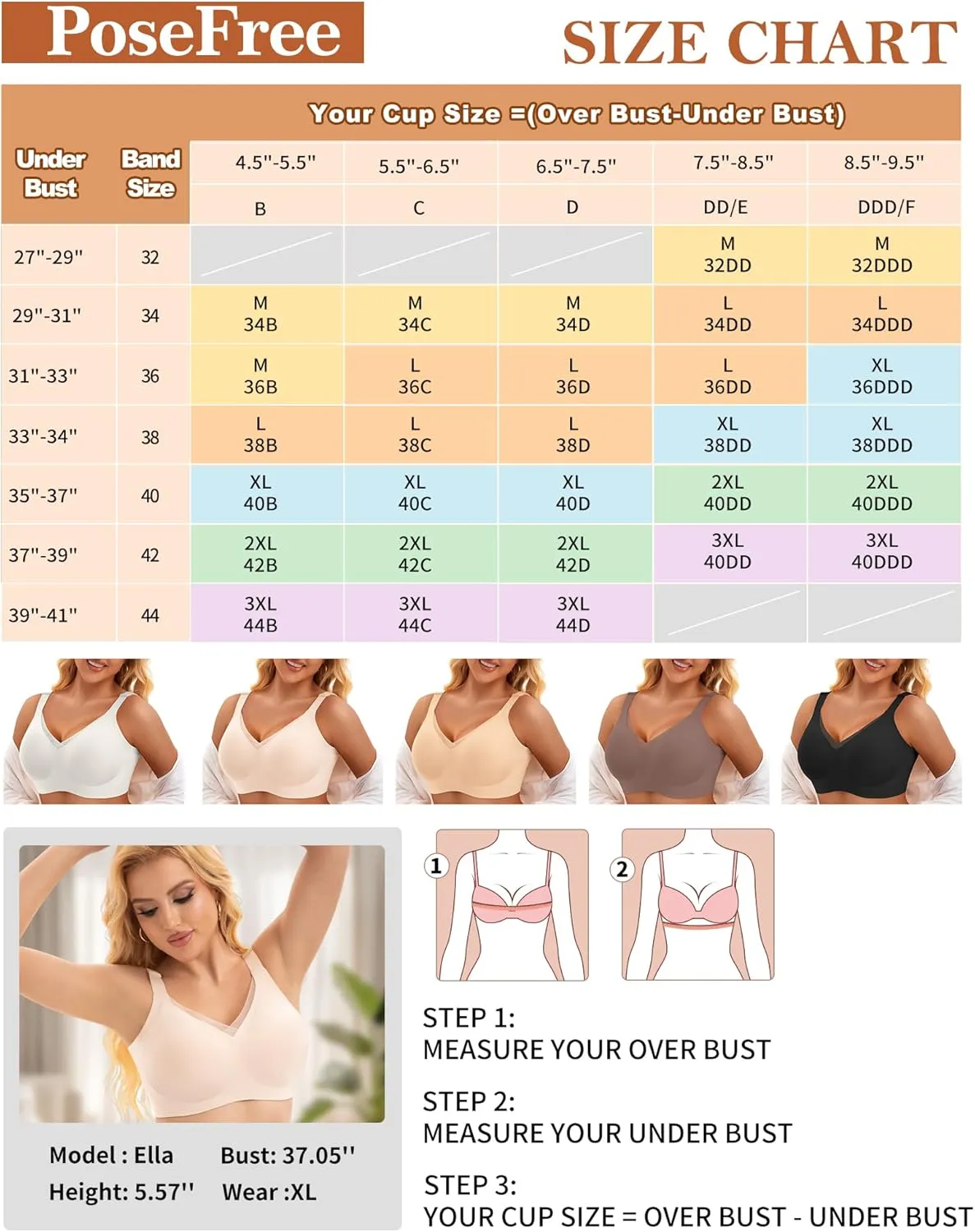 PoseFree Womens Wireless Bras Supportive Tshirt Bra No Underwire Seamless Push Up V Mesh Comfortable Bralette Everyday Bras
